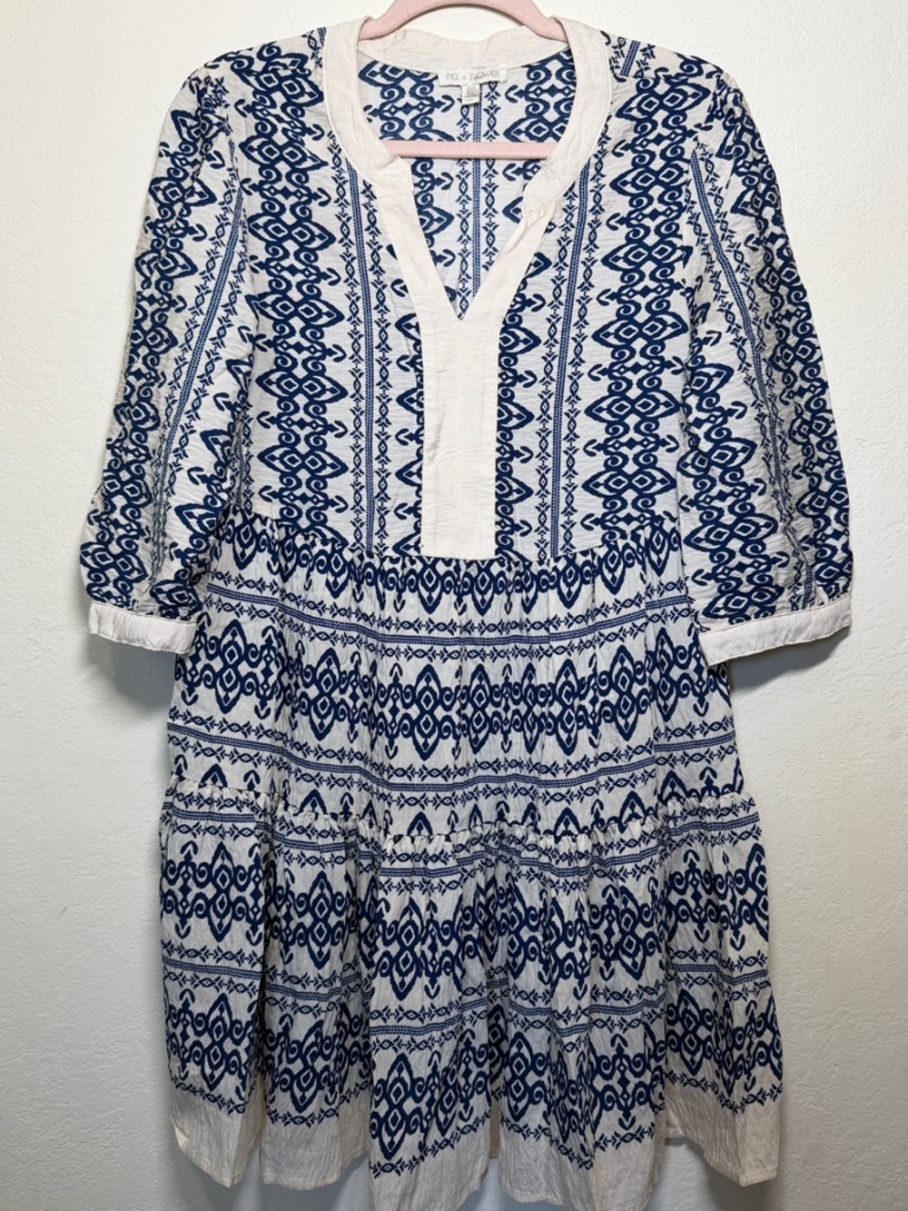 Fig and Flower  BOHO Peasant Dress Womens M Cream Blue